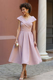 Dusty Rose V-Neck A Line Satin Midi Summer Mother of the Bride Dress