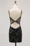 Sparkly Black Corset Tight Sequins Spaghetti Straps Short Prom Dress