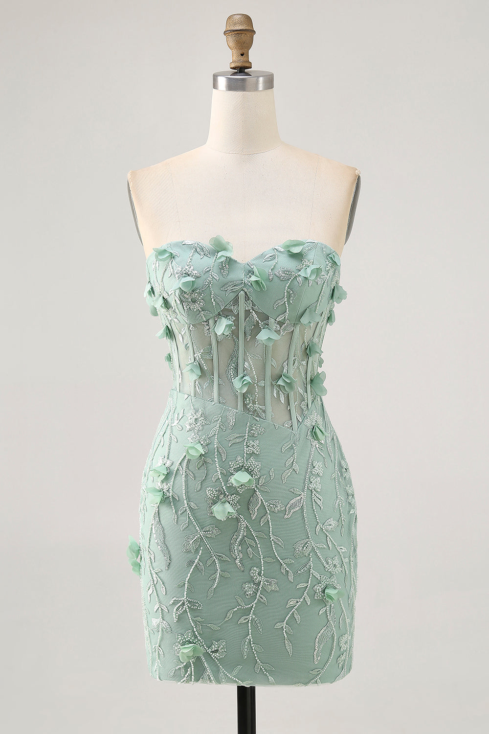 Sparkly Sage Floral Sweetheart Corset Tight Mini Prom Dress with Applique