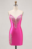 Sparkly Short Fuchsia Satin Tight Strapless Prom Dress with Rhinestones