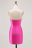 Sparkly Short Fuchsia Satin Tight Strapless Prom Dress with Rhinestones