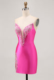 Sparkly Short Fuchsia Satin Tight Strapless Prom Dress with Rhinestones