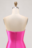 Sparkly Short Fuchsia Satin Tight Strapless Prom Dress with Rhinestones