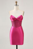Sparkly Fuchsia Tight Corset Strapless Mini Satin Prom Dress