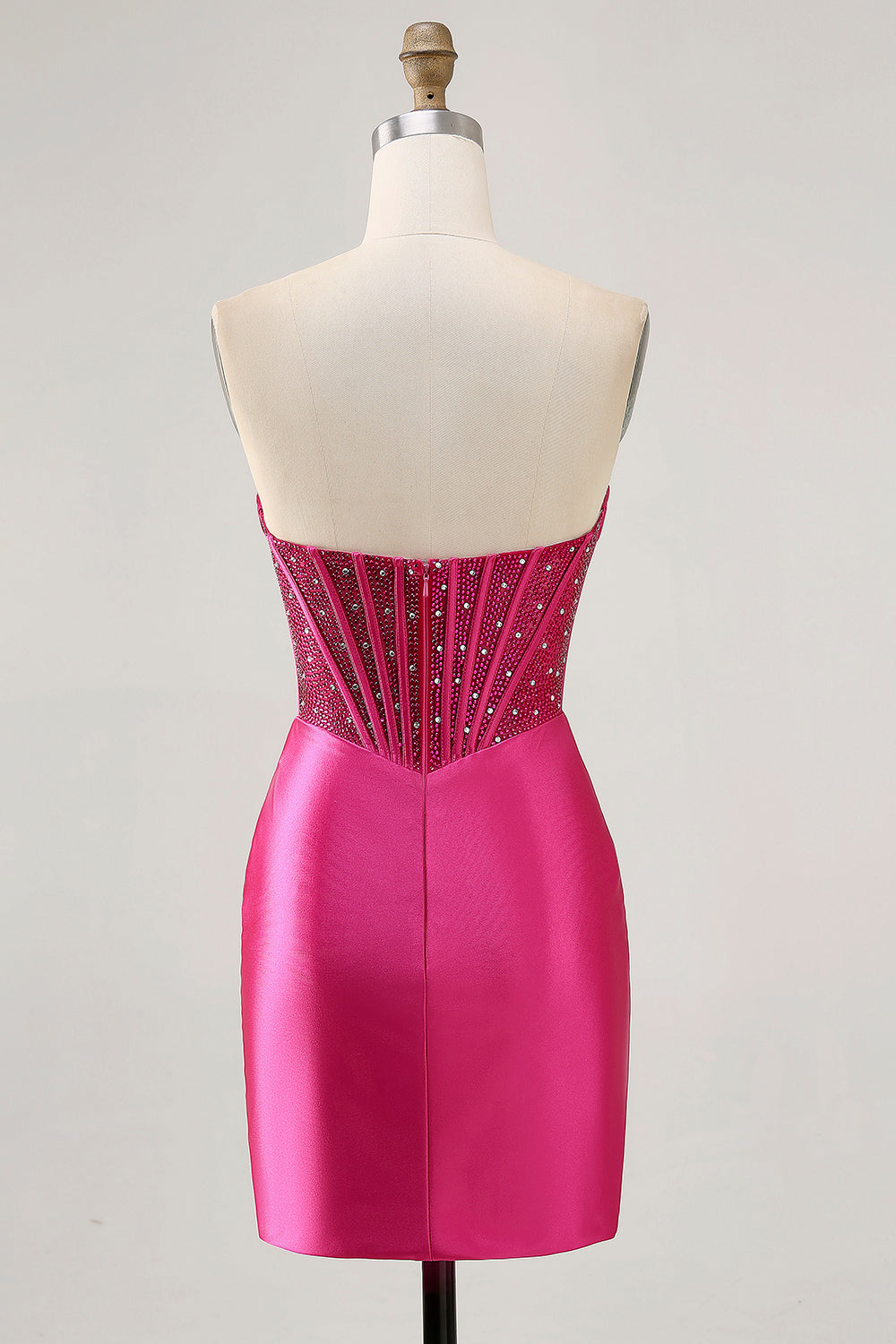 Sparkly Fuchsia Tight Corset Strapless Mini Satin Prom Dress