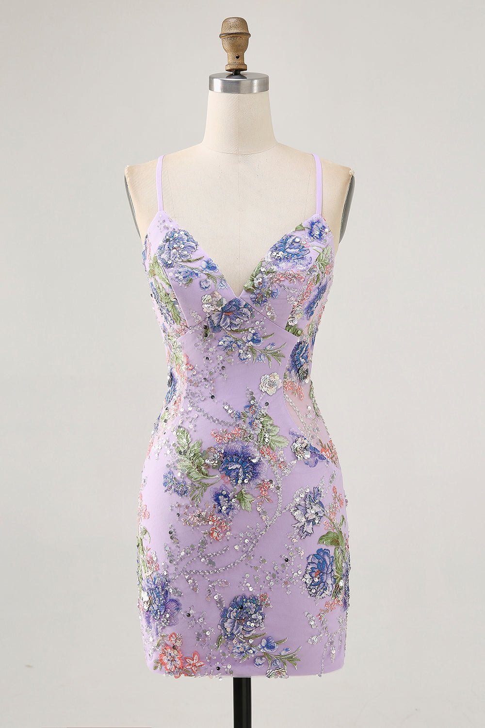 Sparkly Lilac Tight Beaded Floral Sequined Mini Prom Dress