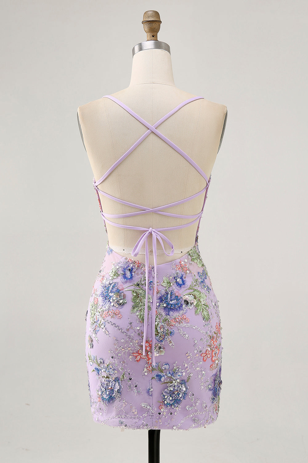 Sparkly Lilac Tight Beaded Floral Sequined Mini Prom Dress