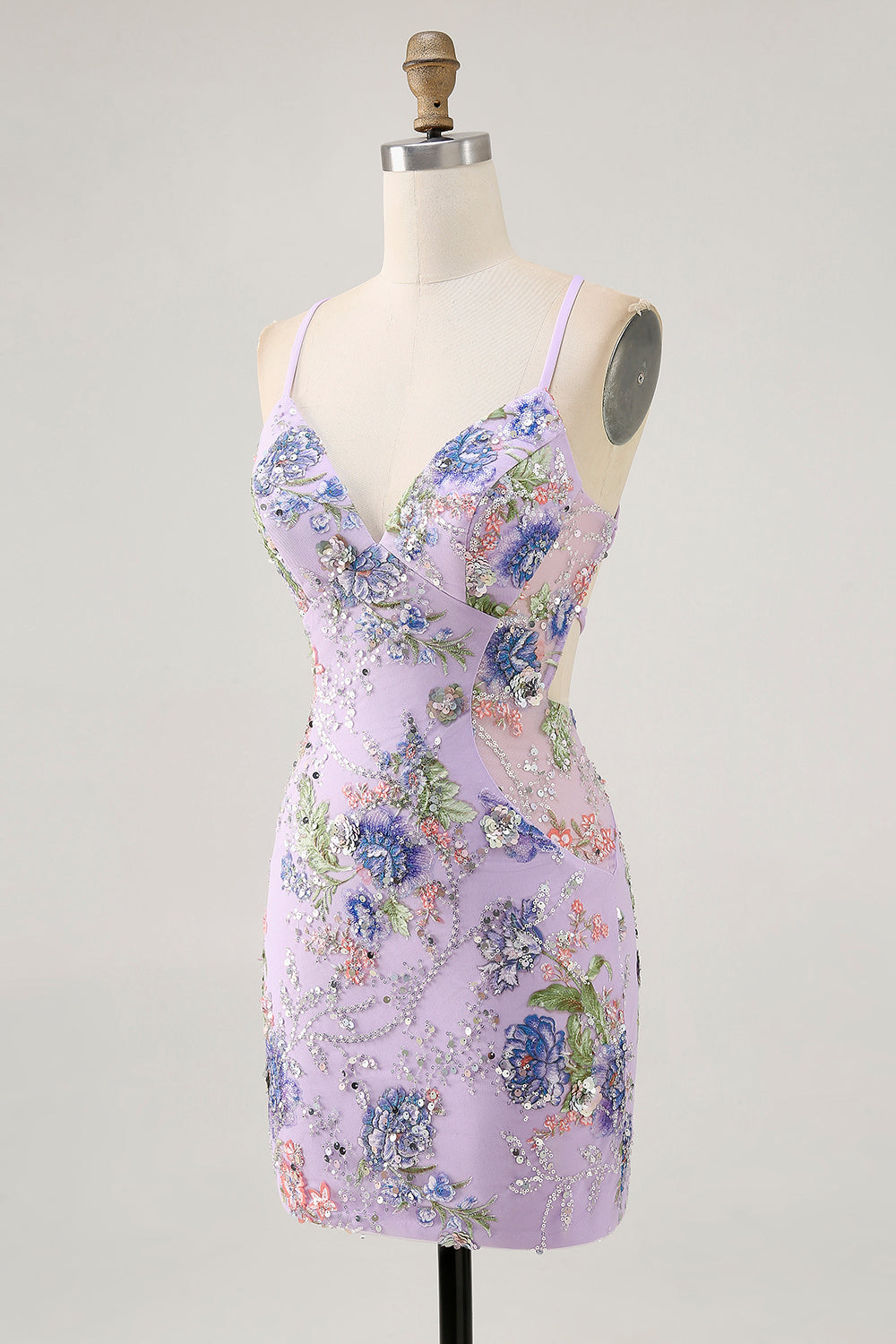 Sparkly Lilac Tight Beaded Floral Sequined Mini Prom Dress