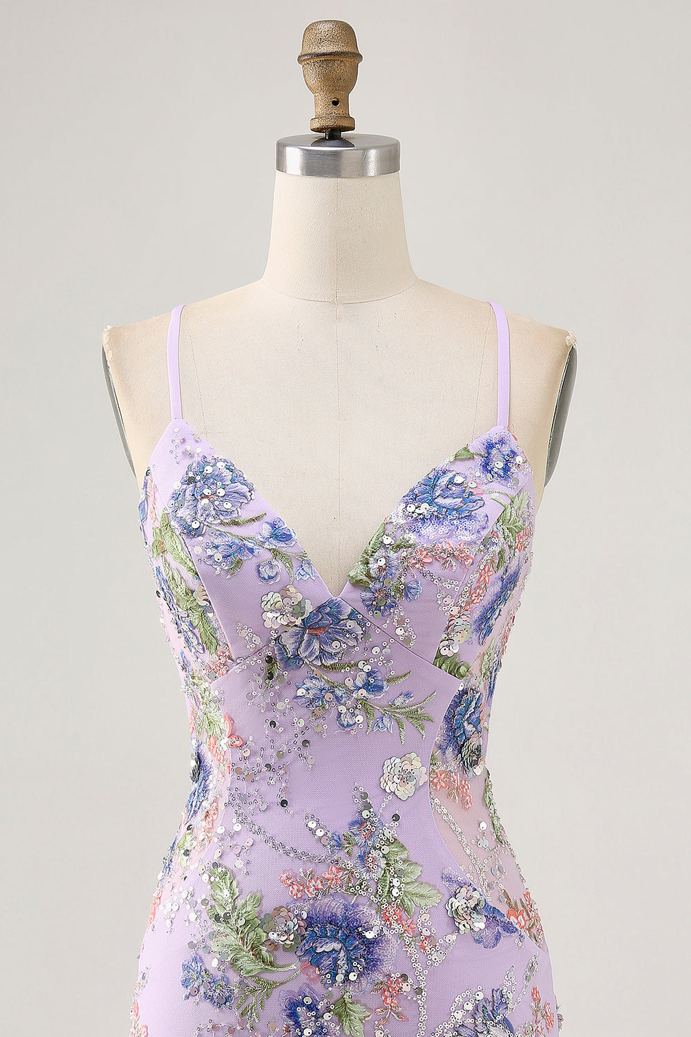 Sparkly Lilac Tight Beaded Floral Sequined Mini Prom Dress