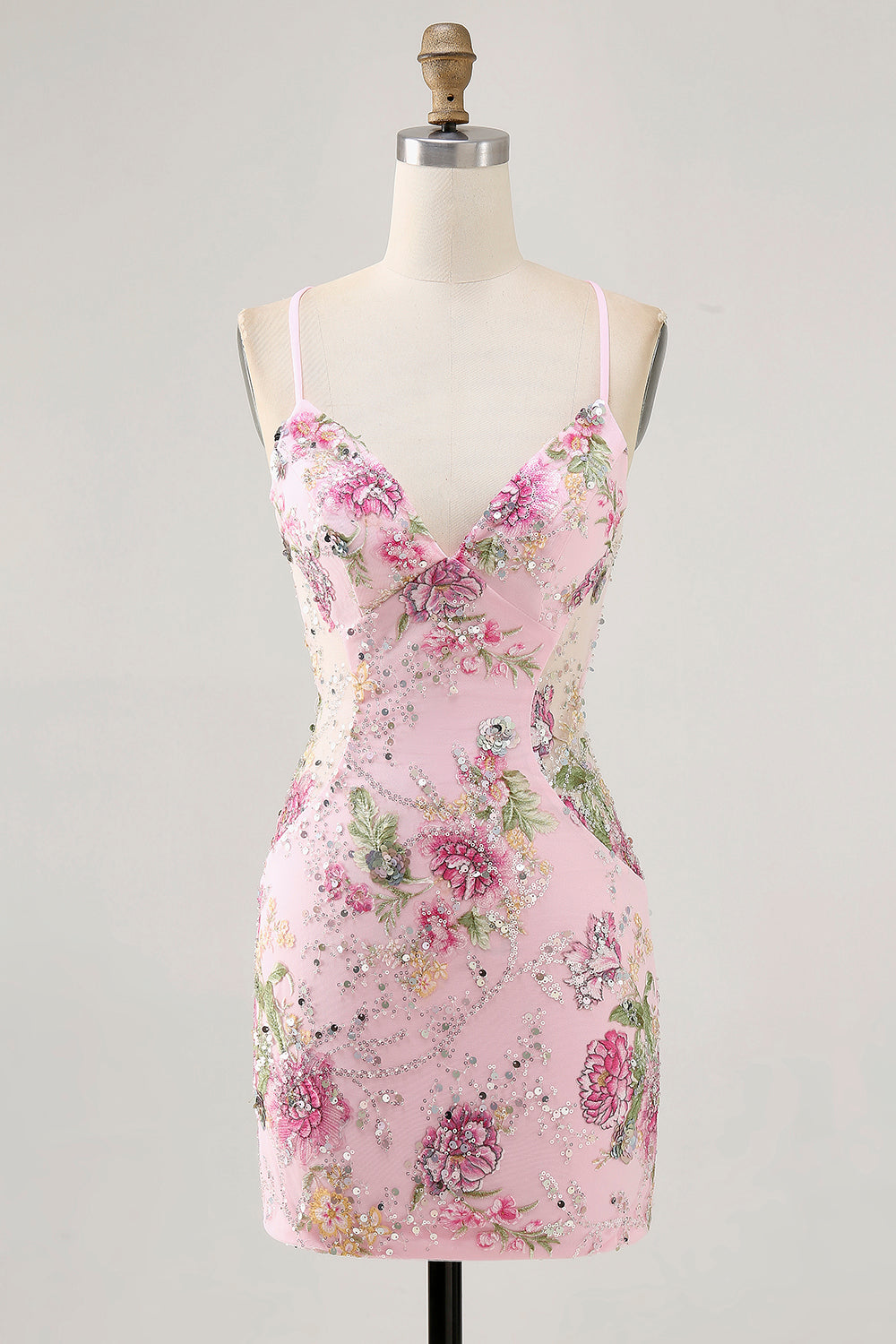 Sparkly Lilac Tight Beaded Floral Sequined Mini Prom Dress
