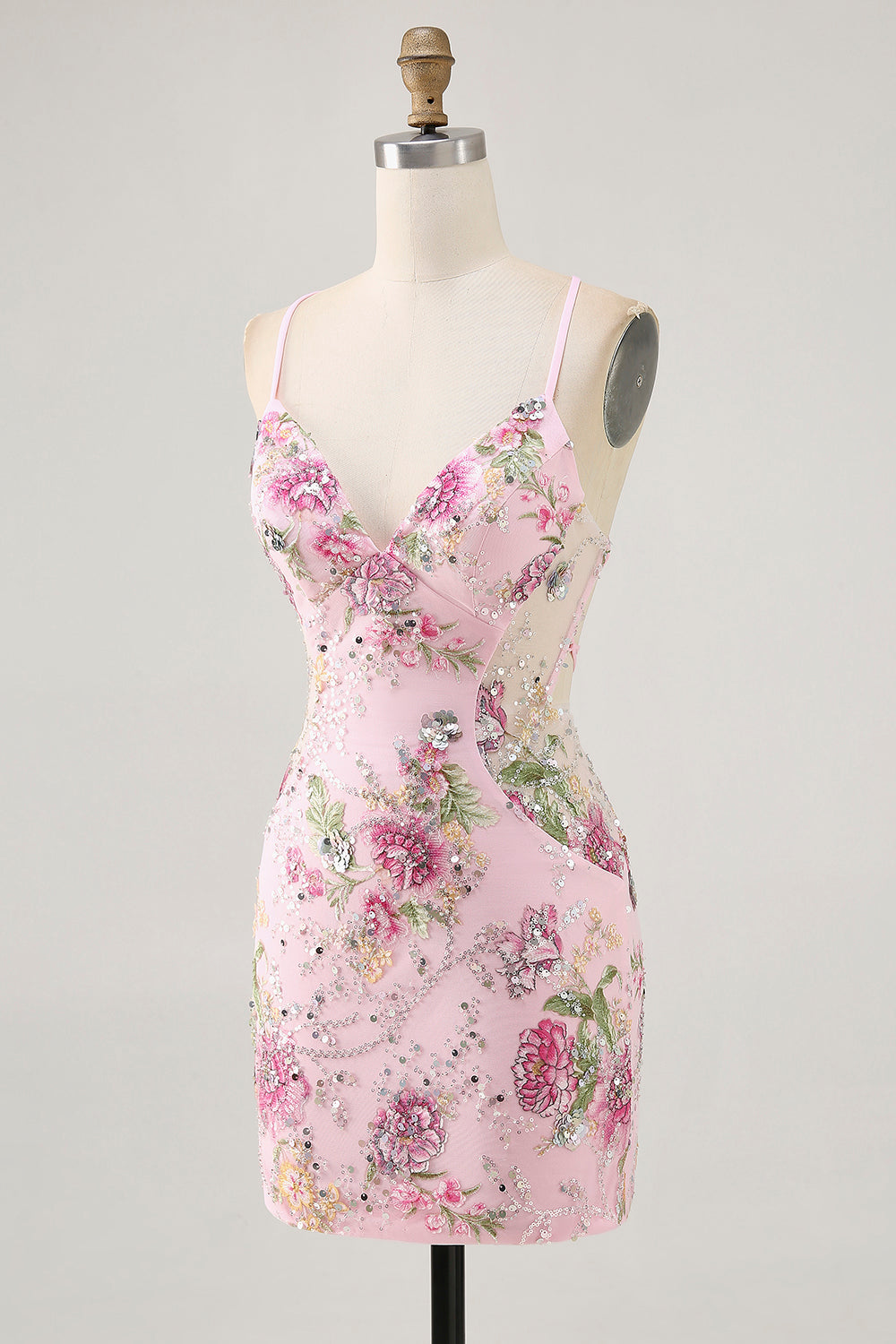 Sparkly Lilac Tight Beaded Floral Sequined Mini Prom Dress