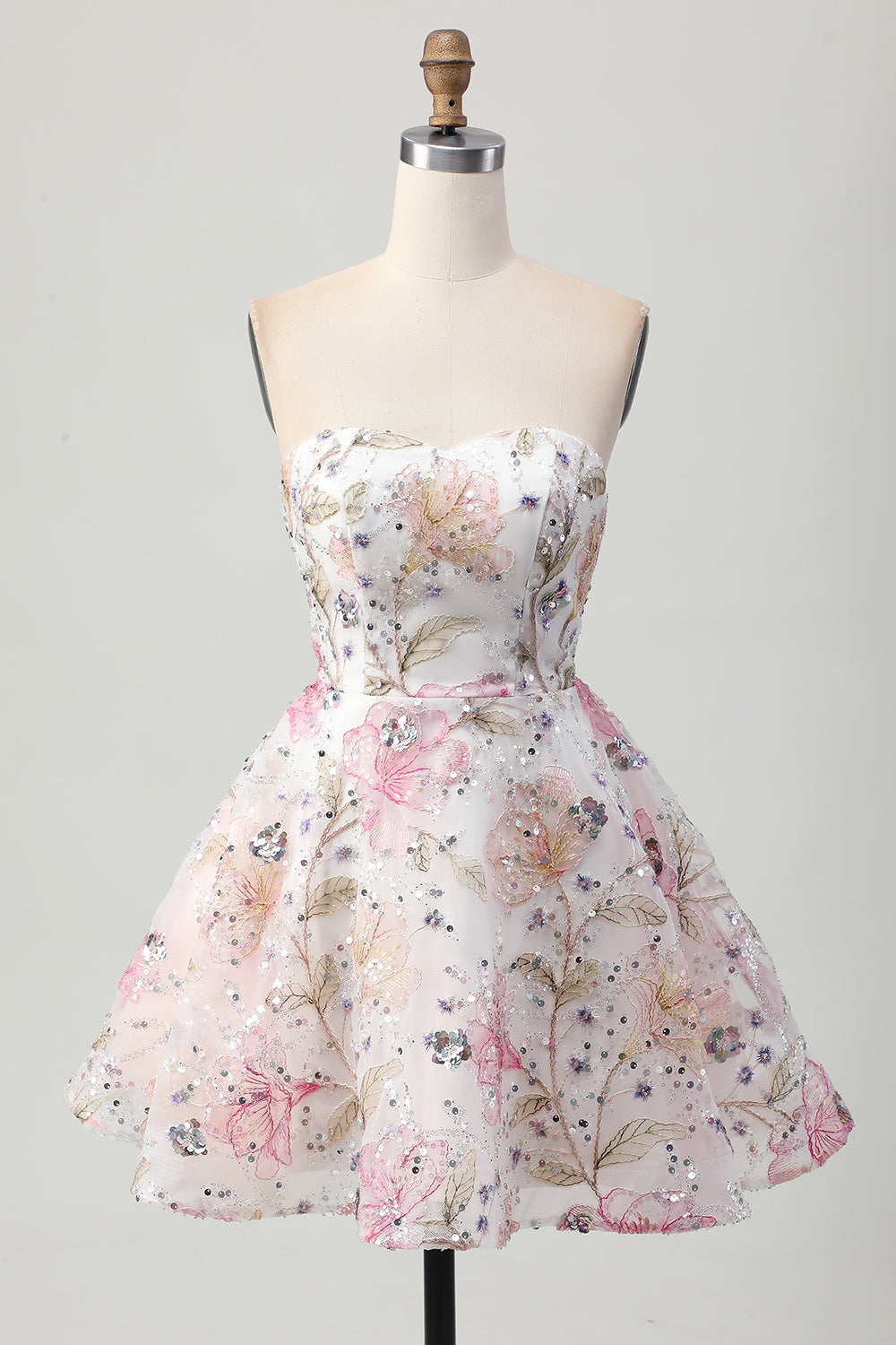 Sparkly Pink Floral Sweetheart A Line Short Sequined Prom Dress