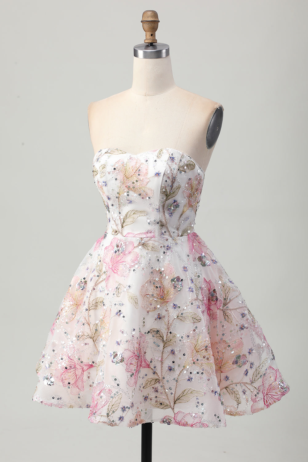 Sparkly Pink Floral Sweetheart A Line Short Sequined Prom Dress