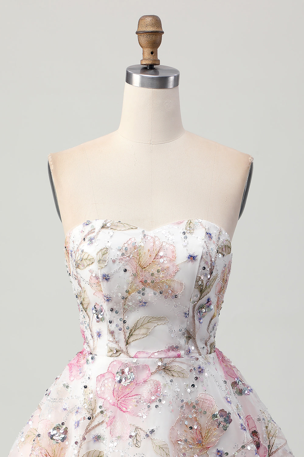 Sparkly Pink Floral Sweetheart A Line Short Sequined Prom Dress