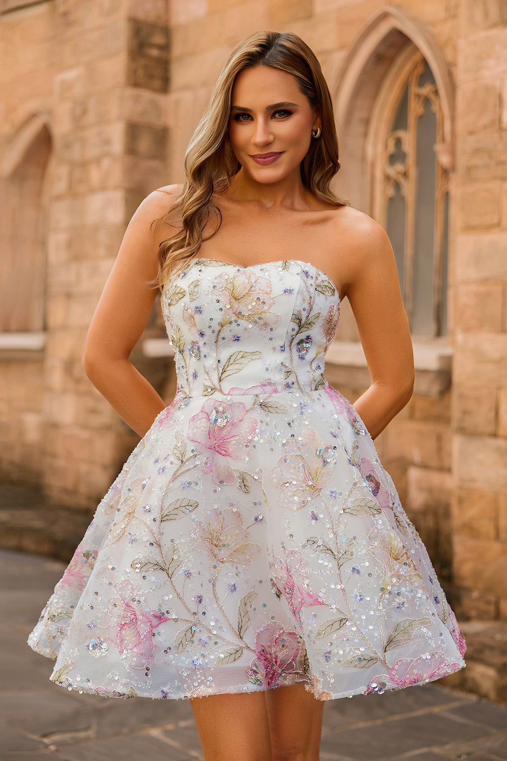 Sparkly Pink Short A Line Floral Cocktail Dress