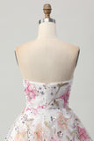 Sparkly Pink Floral Sweetheart A Line Short Sequined Prom Dress