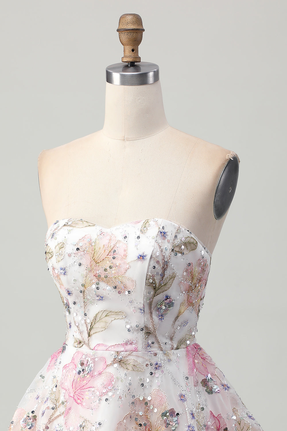 Sparkly Pink Floral Sweetheart A Line Short Sequined Prom Dress