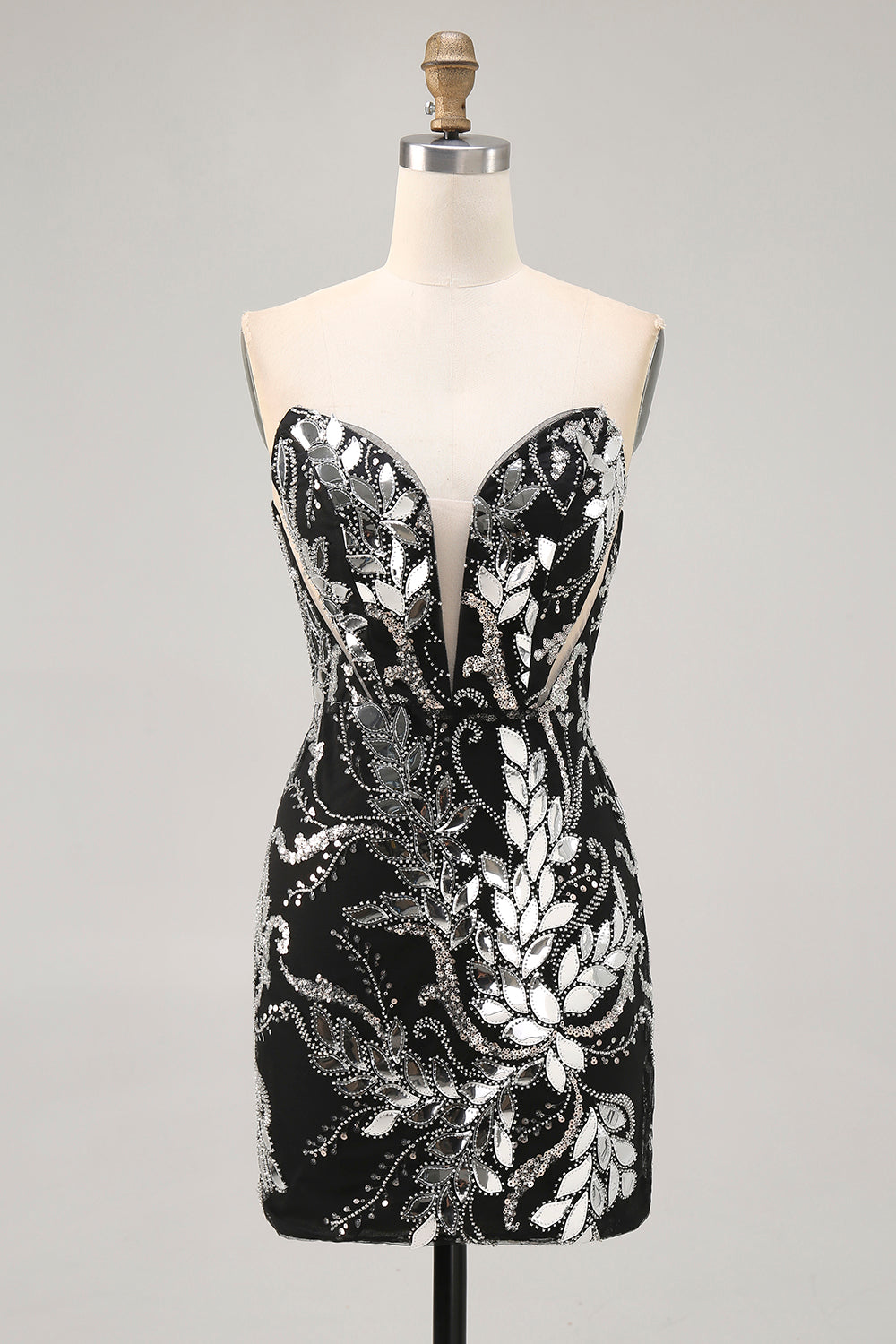 Sparkly Black Strapless Tight Short Mirror Prom Dress with Beading