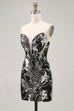 Sparkly Black Strapless Tight Short Mirror Prom Dress with Beading