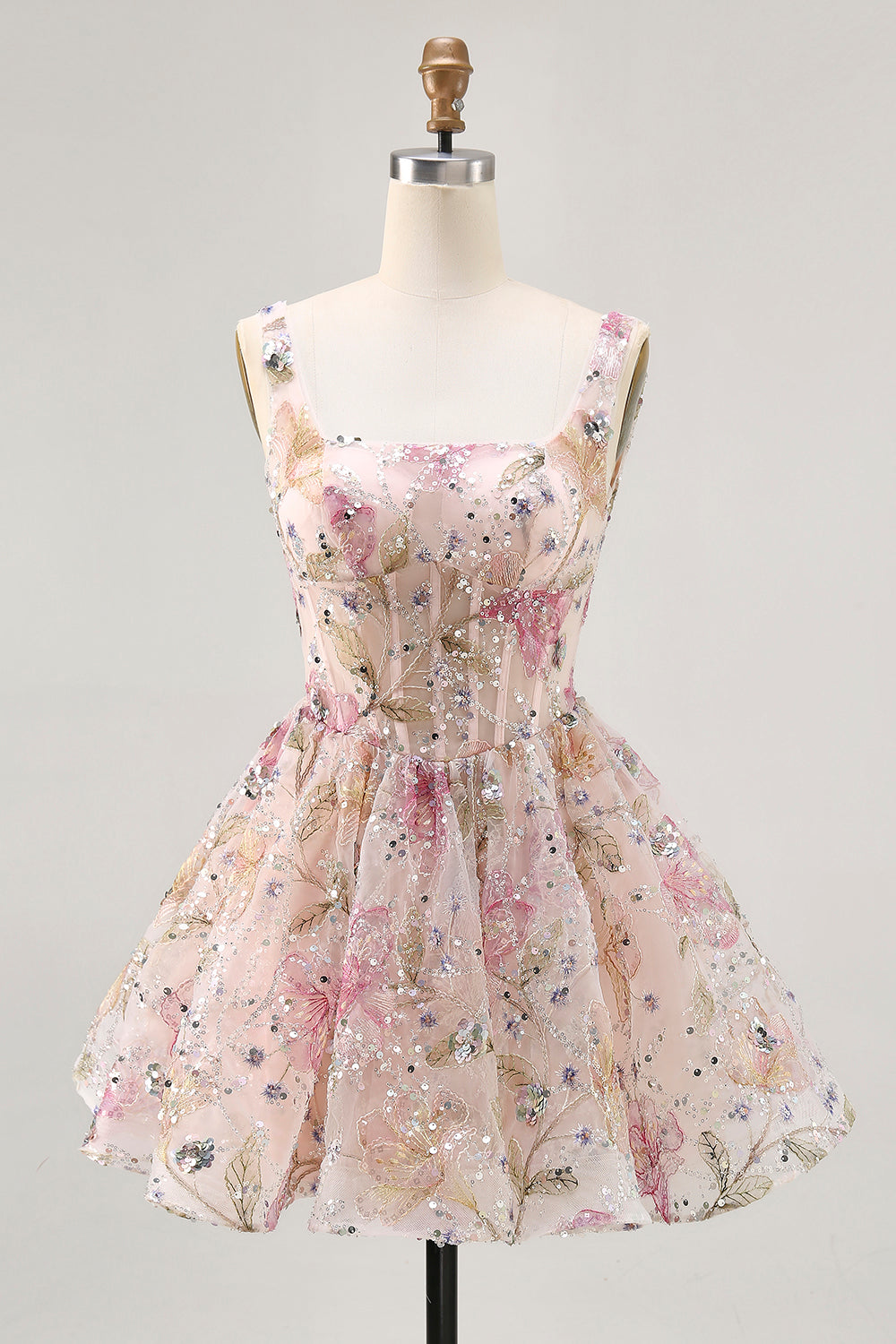 Sparkly Pink Floral Corset Sequins Short Prom Dress with Beading