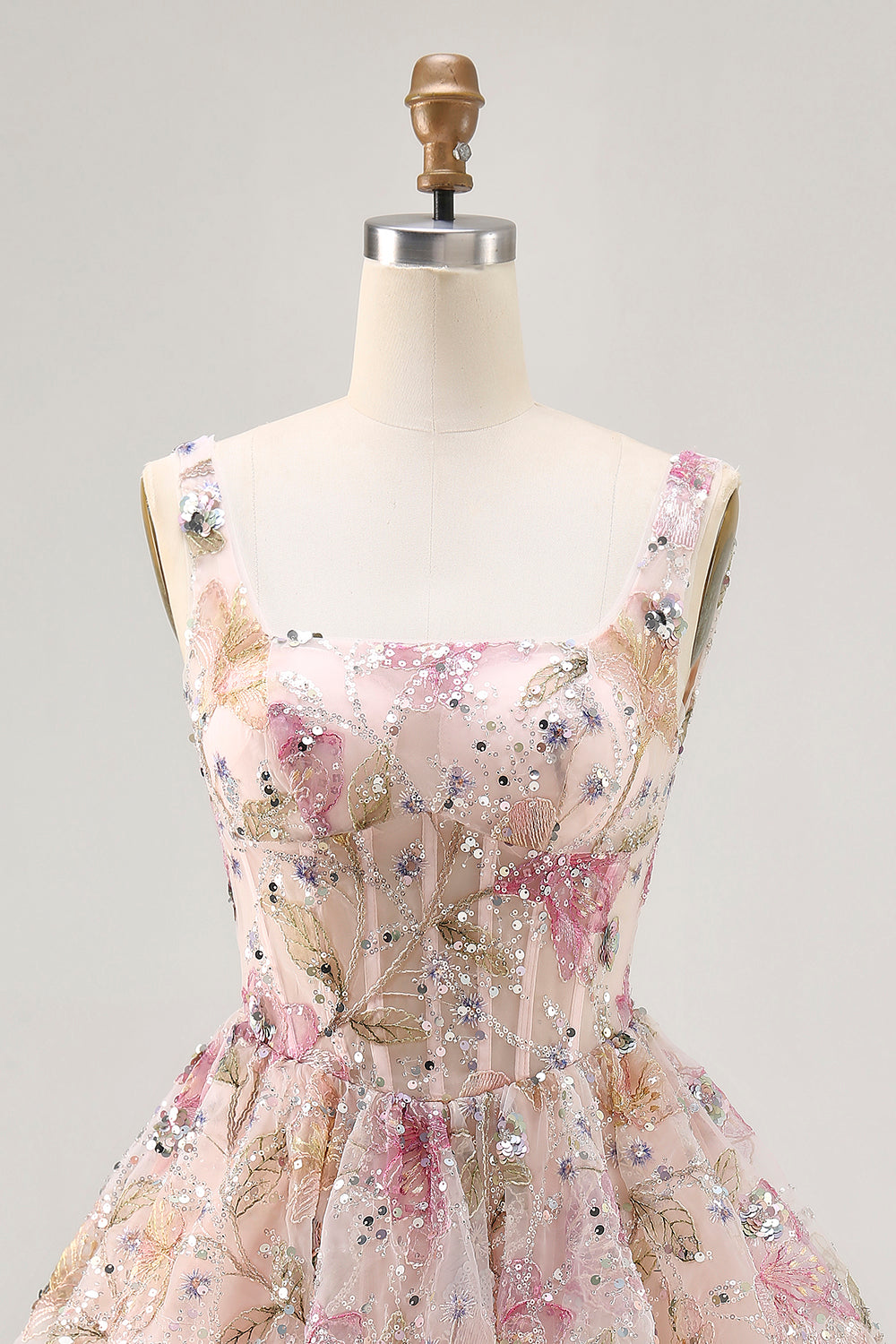Sparkly Pink Floral Corset Sequins Short Prom Dress with Beading