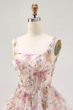Sparkly Pink Floral Corset Sequins Short Prom Dress with Beading