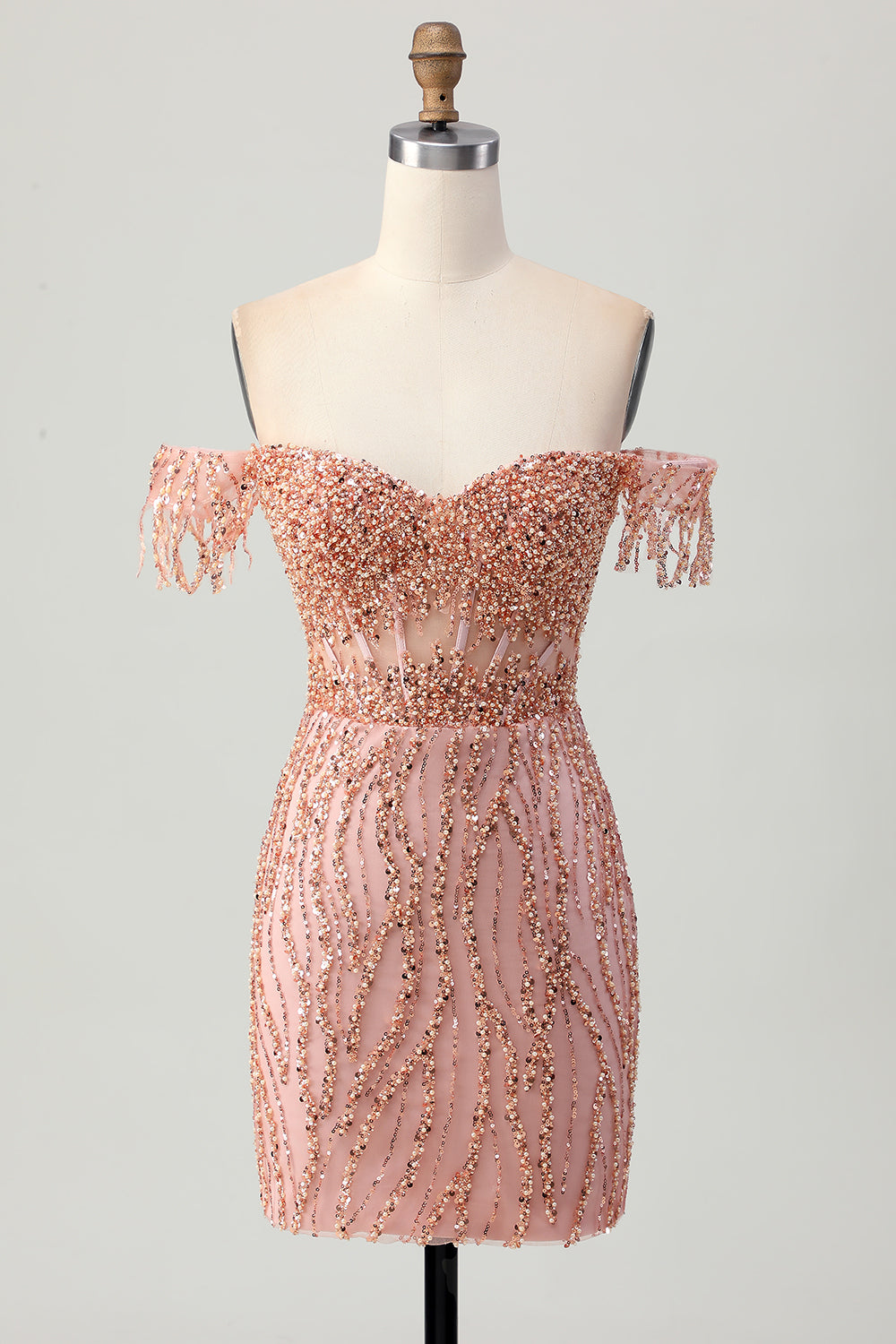 Sparkly Dusty Rose Corset Tight Beaded Short Prom Dress