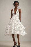 Tiered A Line Black and White Midi Tulle Polka Dot Dress with Ruffles