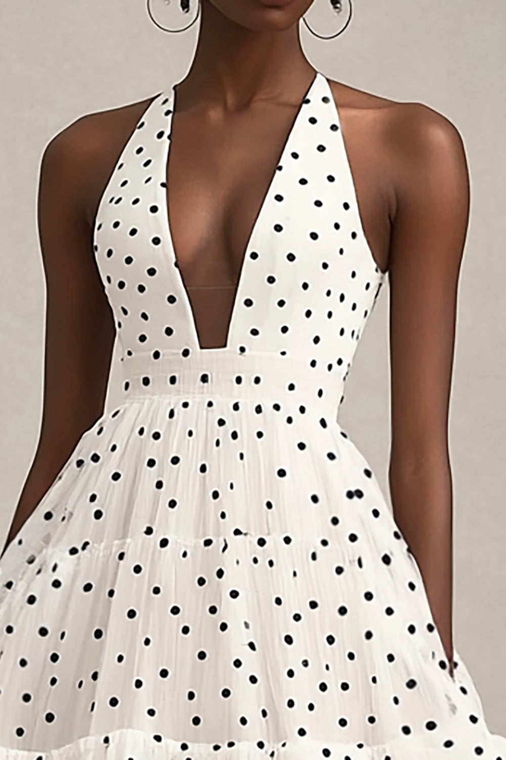 Tiered A Line Black and White Midi Tulle Polka Dot Dress with Ruffles