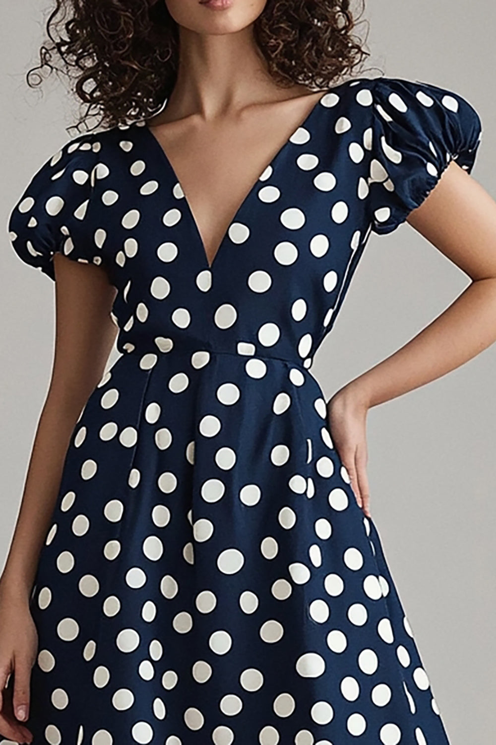 Satin Navy and White A Line V-Neck Maxi Polka Dot Dress with Sleeves