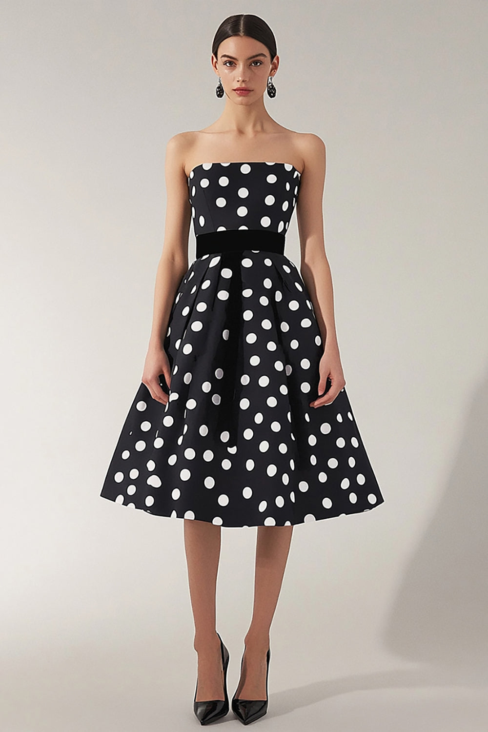 Strapless Black and White A Line Satin Midi Polka Dot Dress