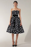 Strapless Black and White A Line Satin Midi Polka Dot Dress