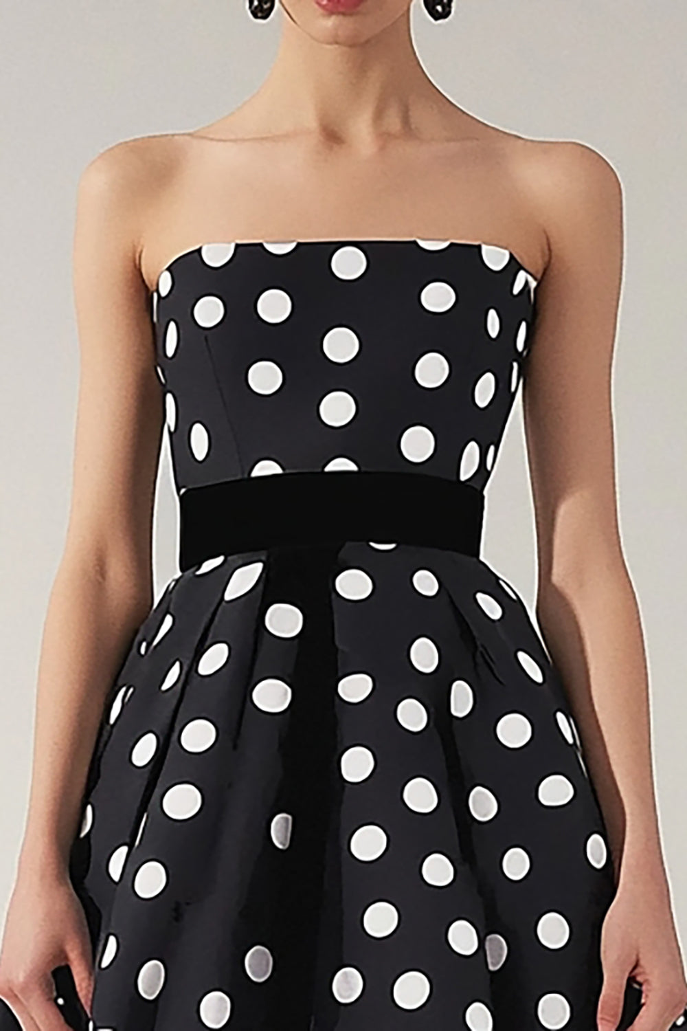 Strapless Black and White A Line Satin Midi Polka Dot Dress