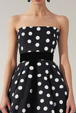 Strapless Black and White A Line Satin Midi Polka Dot Dress