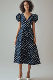 Satin A Line Puff Sleeves Navy and White Boho Maxi Polka Dot Dress