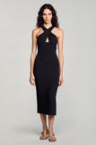 Black Satin Halter Bodycon Keyhole Backless Midi Cocktail Dress