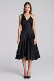 Black V-Neck Midi A Line Satin Cocktail Dress with Ruffles