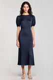 Satin A Line Navy Midi Cocktail Dress with Sleeves