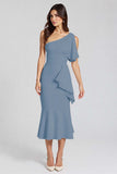Dusty Blue One Shoulder Mermaid Midi Cocktail Dress with Ruffles