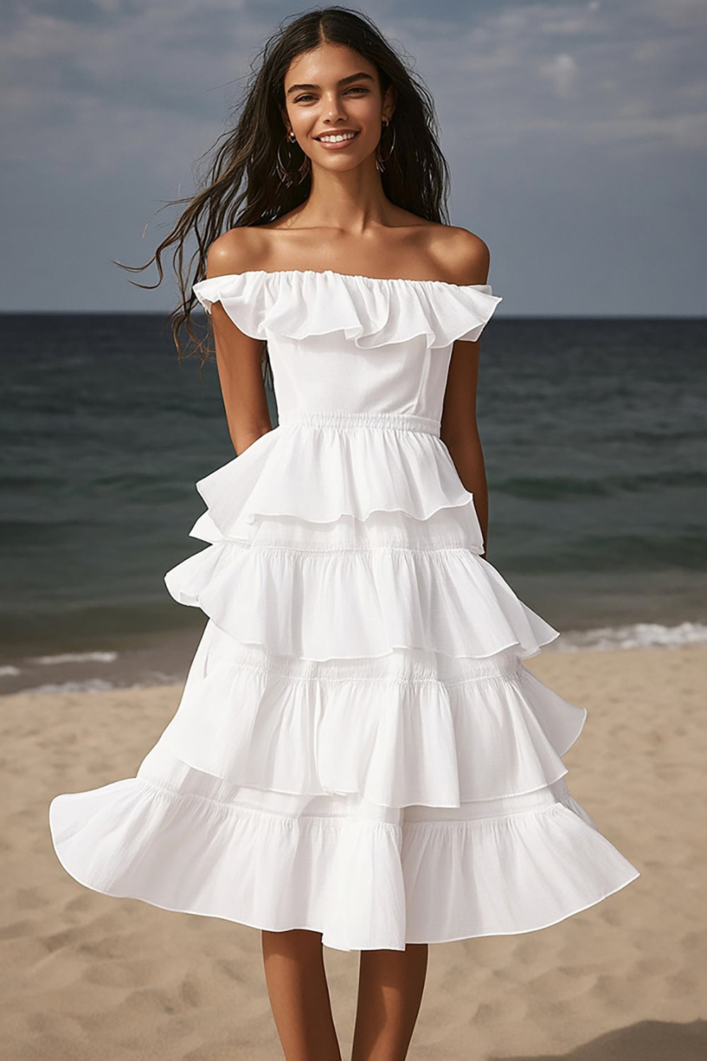 Ivory Midi Tiered Beach Engagement Dress with Ruffles