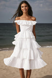 Ivory Midi Tiered Beach Engagement Dress with Ruffles