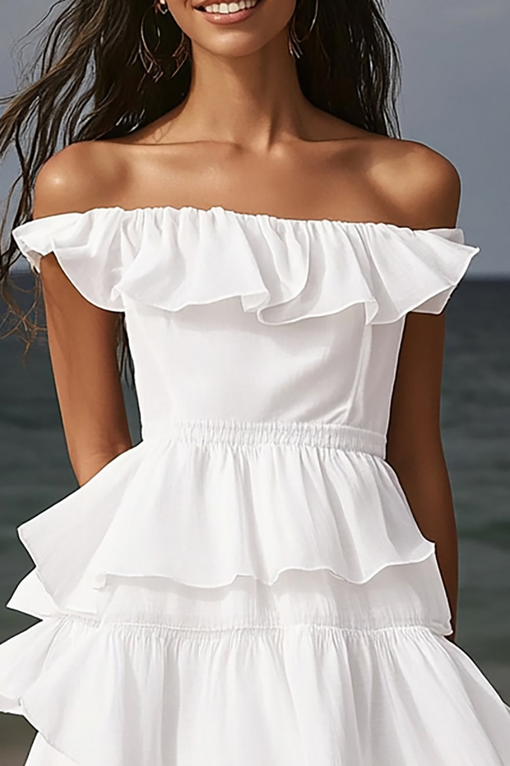 Ivory Midi Tiered Beach Engagement Dress with Ruffles