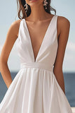Ivory Deep V-Neck Satin Maxi Engagement Dress