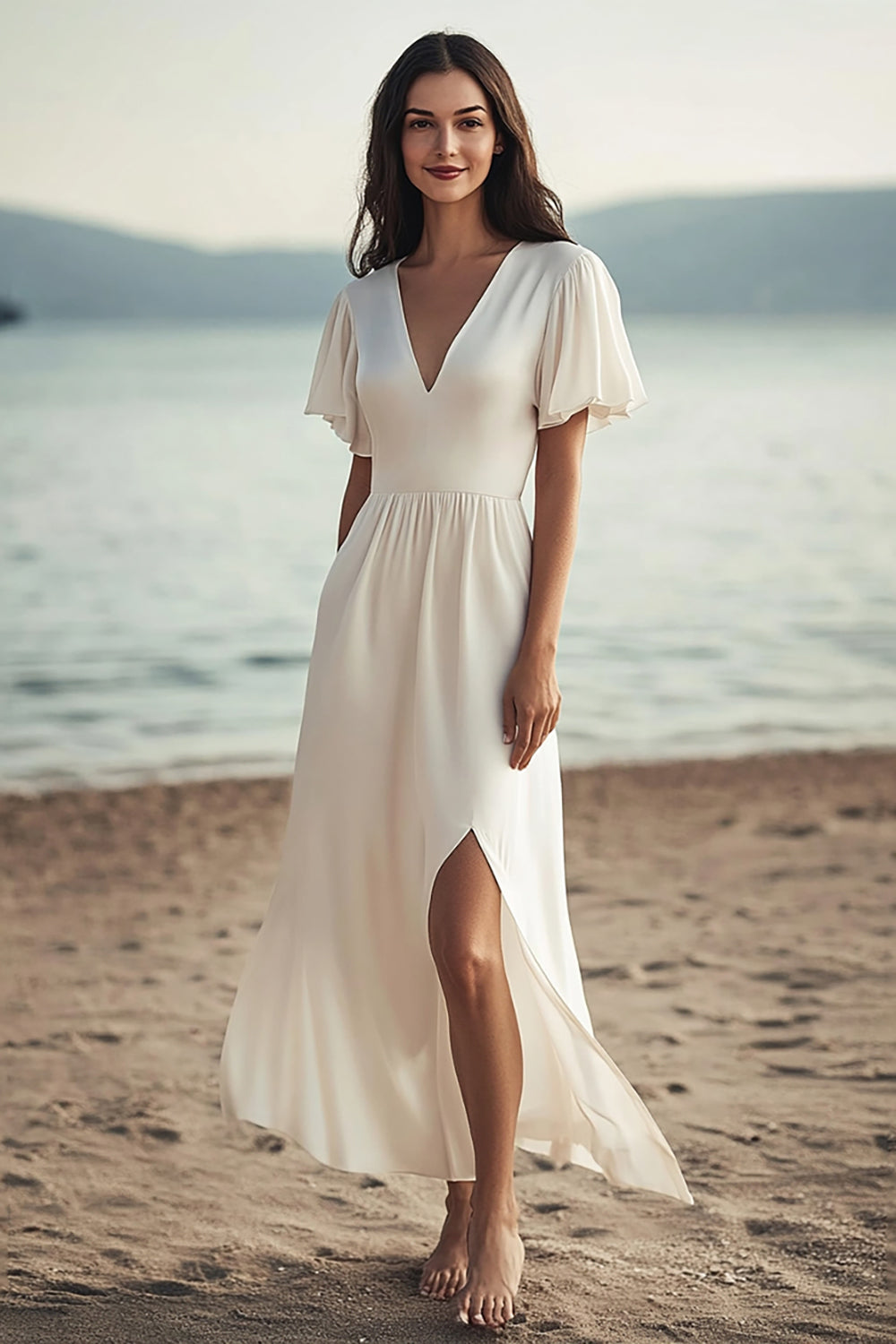 Ivory Short Sleeves Chiffon Maxi Beach Engagement Dress with Slit