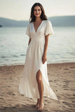 Ivory Short Sleeves Chiffon Maxi Beach Engagement Dress with Slit