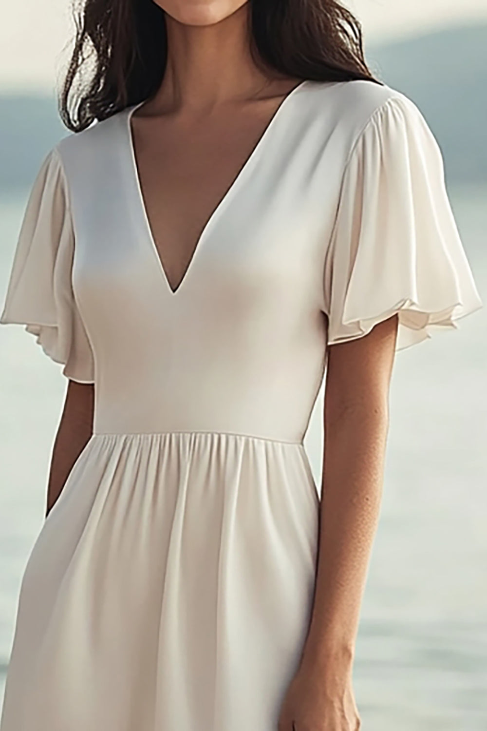 Ivory Short Sleeves Chiffon Maxi Beach Engagement Dress with Slit