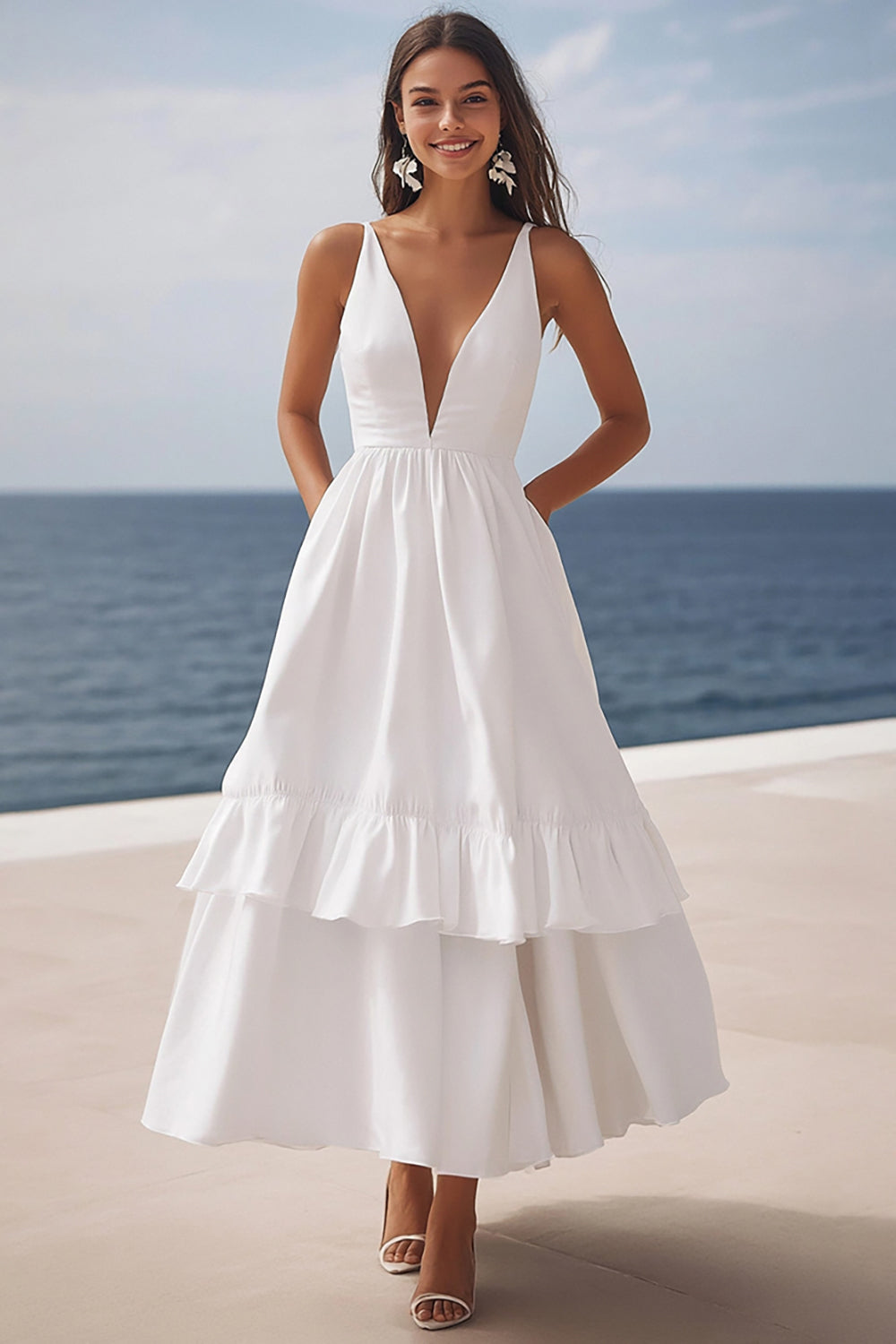 Ivory Satin Deep V-Neck Maxi Rehearsal Dinner Dress with Ruffles