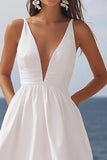 Ivory Satin Deep V-Neck Maxi Rehearsal Dinner Dress with Ruffles