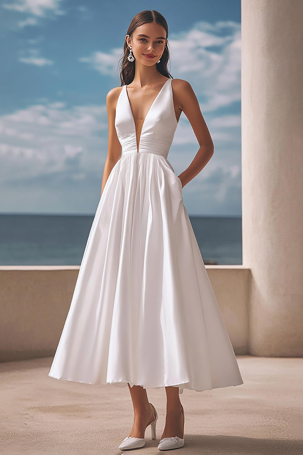 Simple Ivory Satin Deep V-Neck Maxi Wedding Reception Dress