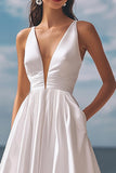 Simple Ivory Satin Deep V-Neck Maxi Wedding Reception Dress